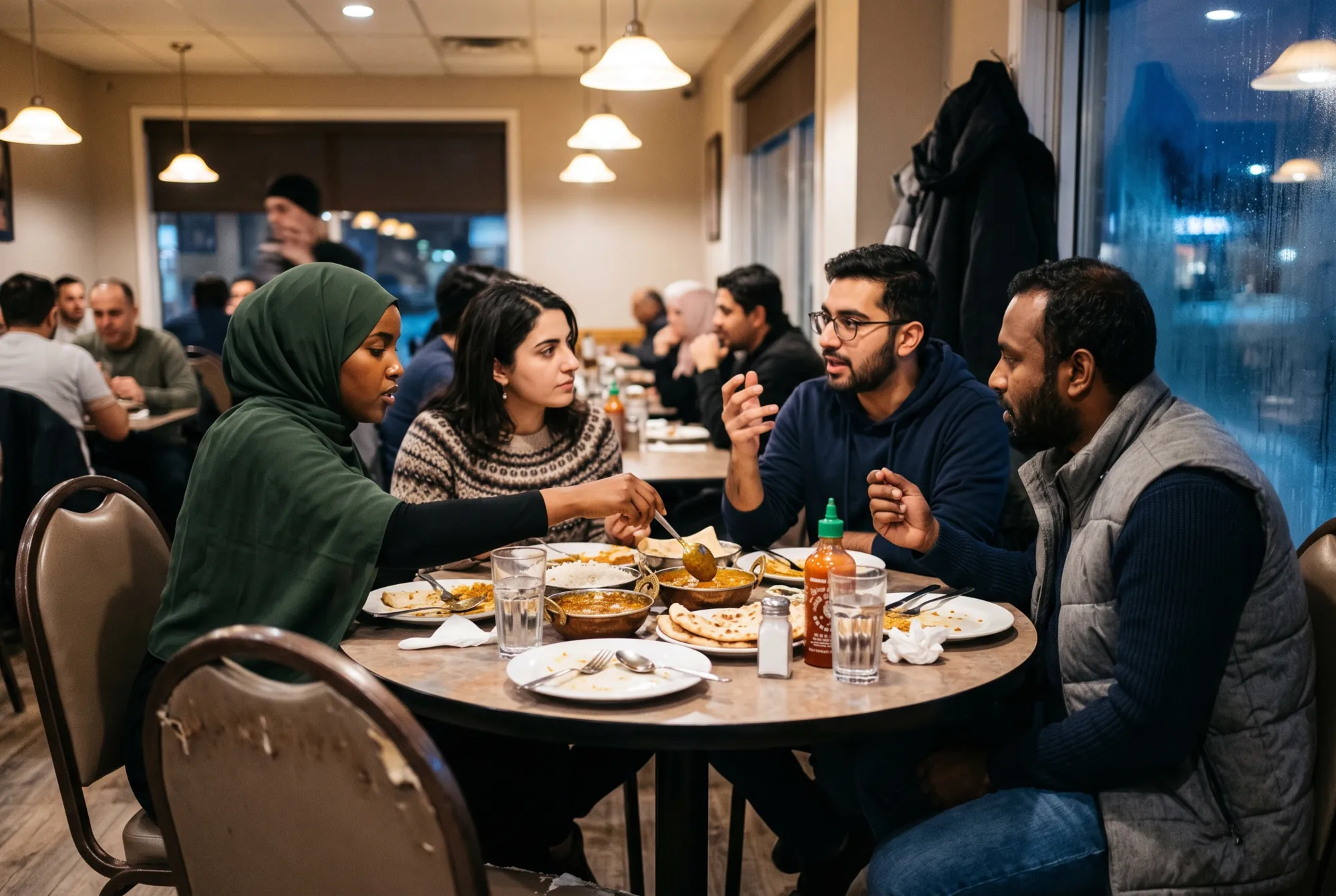 Four friends sharing a late dinner around a table in an Edmonton halal restaurant on a winter evening