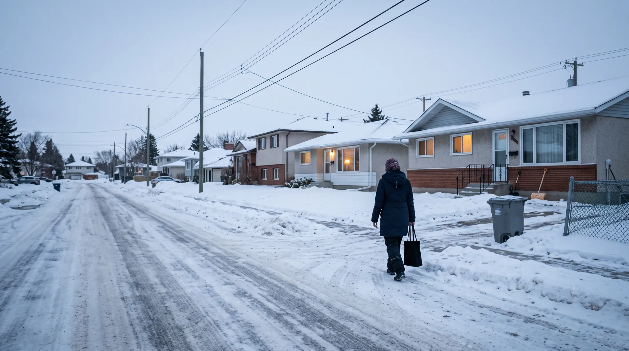 A residential Edmonton street in deep winter, a lone figure walking the sidewalk with a bag