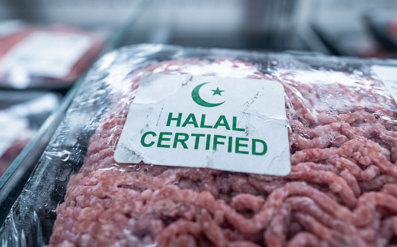A close-up of a halal label on packaged meat
