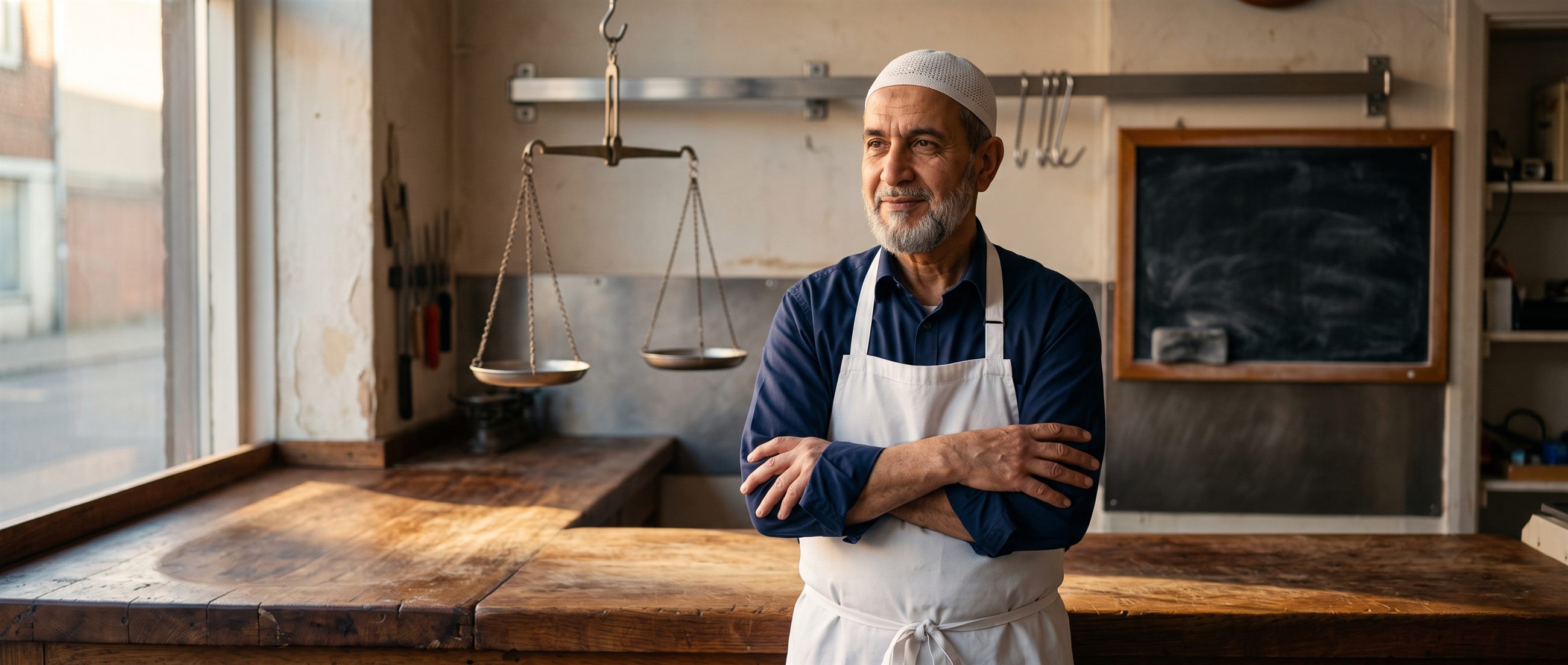 A halal butcher at his counter