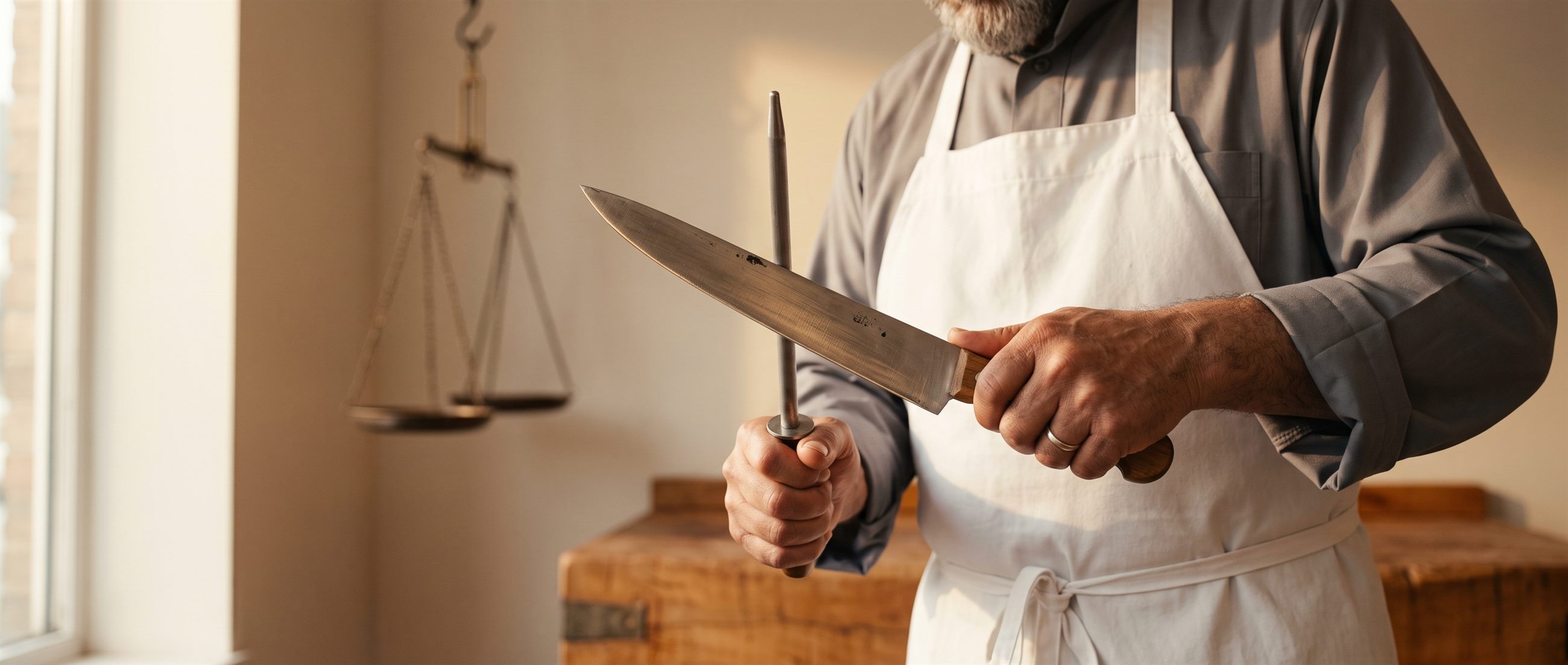 A halal slaughterman hones his knife before work