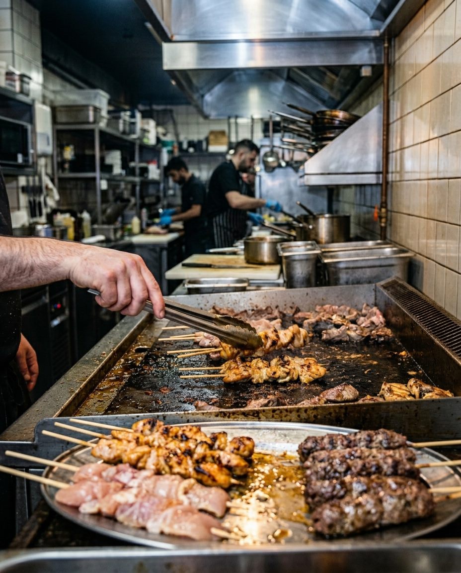 A grill with both halal and non-halal items