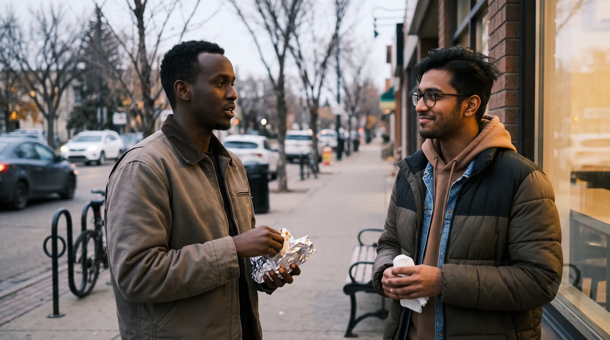 Two friends eating shawarma on an Edmonton sidewalk on an autumn evening