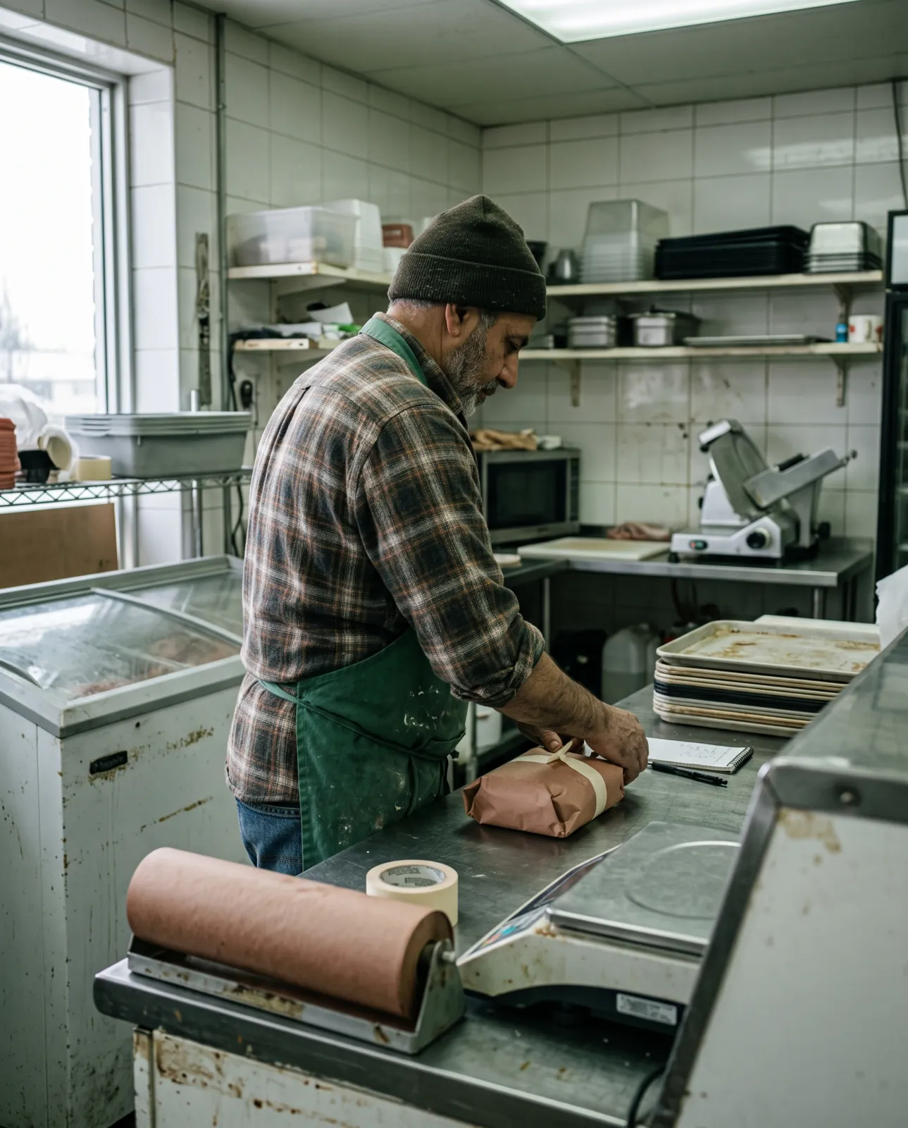 A butcher wrapping a parcel in paper behind the counter of a small independent halal butcher shop