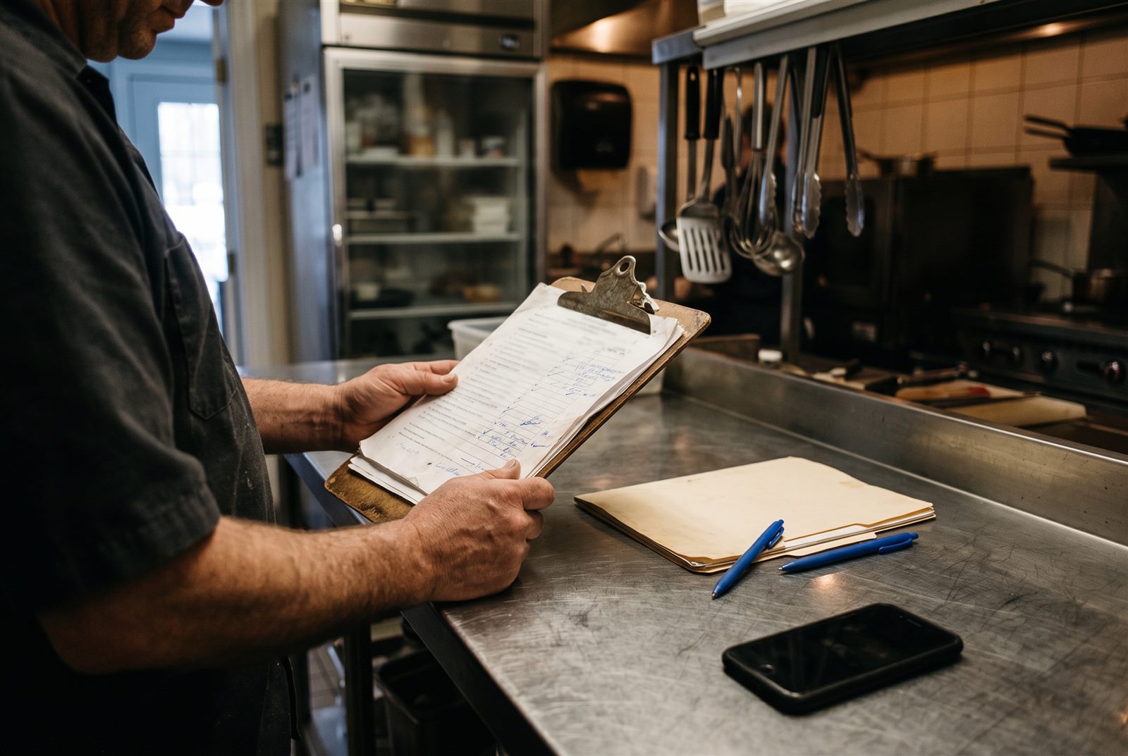Supplier paperwork being reviewed on a clipboard at a stainless steel counter in a restaurant kitchen