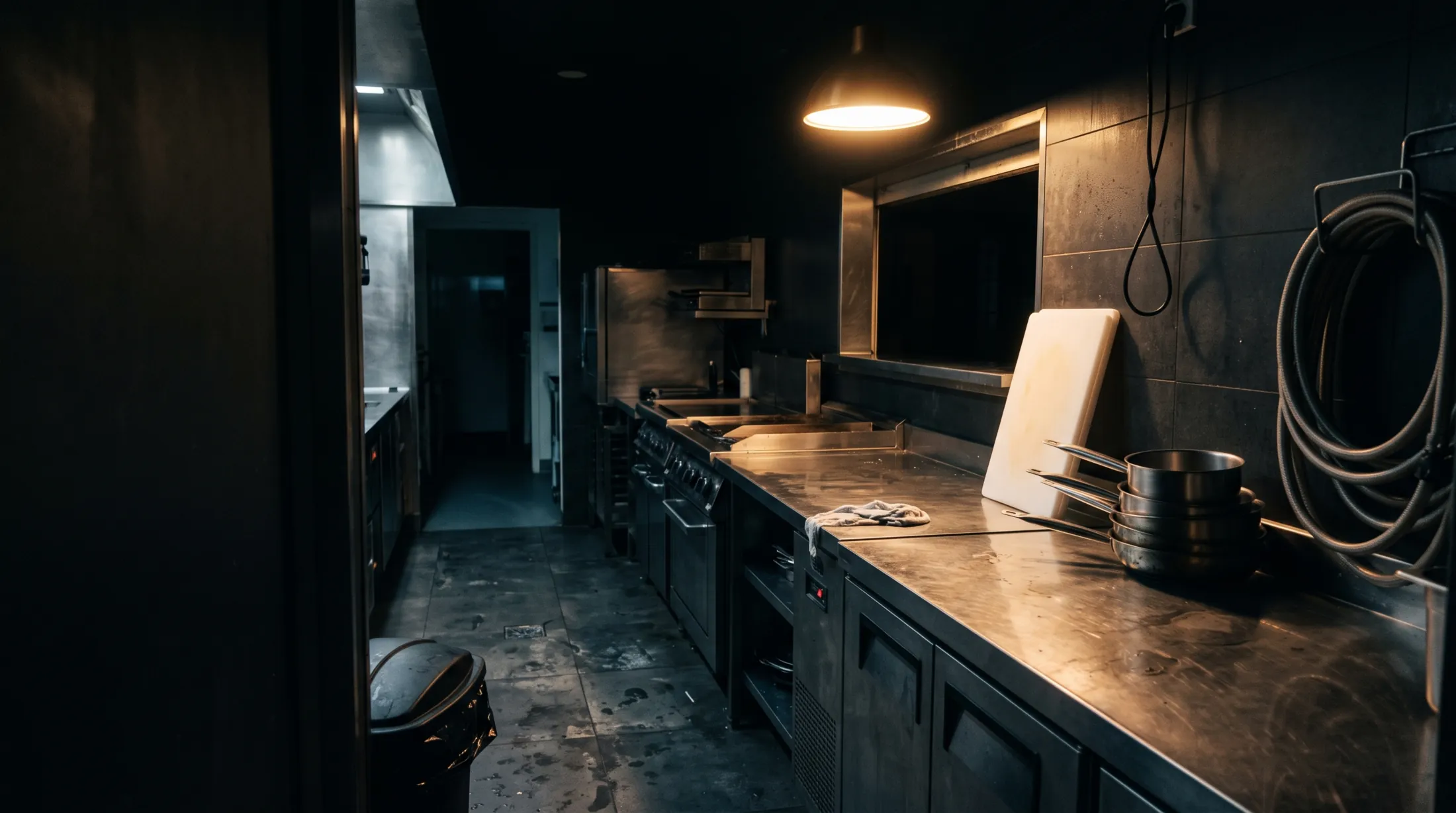 A small commercial kitchen closed for the night, wiped down, lit by a single lamp above the pass