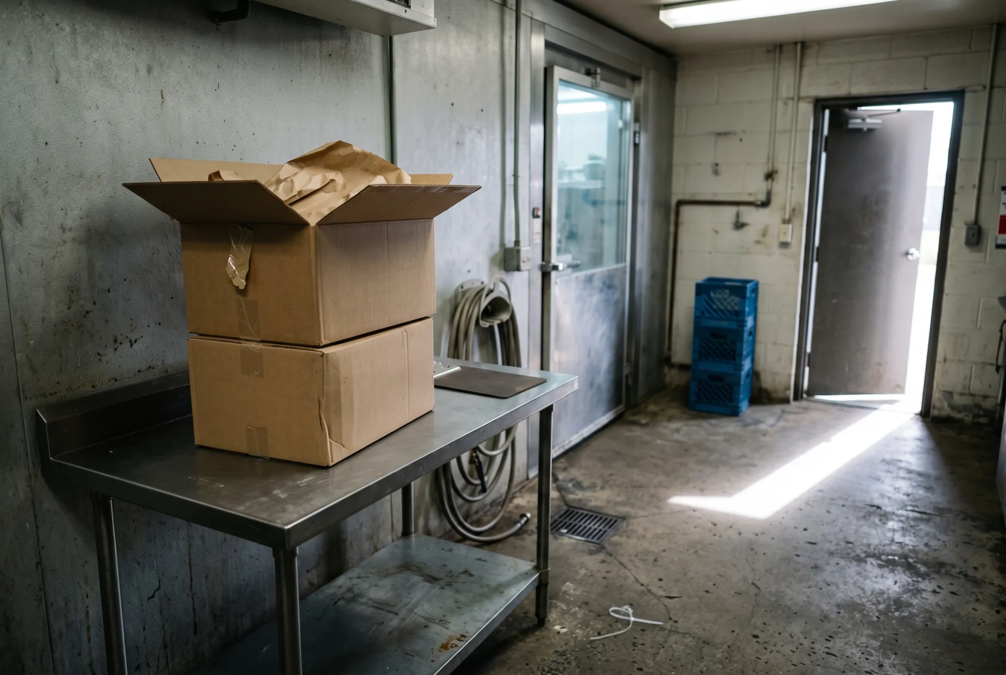 Plain cardboard boxes stacked on a stainless prep table at the back door of a restaurant kitchen